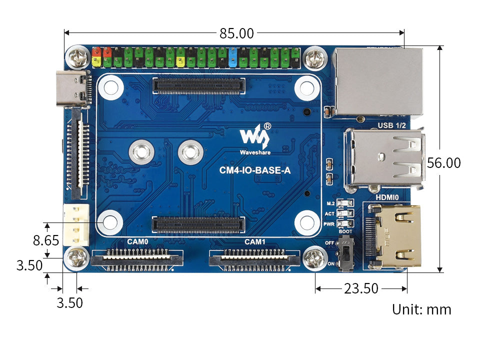Waveshare Mini Base Board (A) for Raspberry Pi Compute Module 4 (CM4-IO-BASE-A)